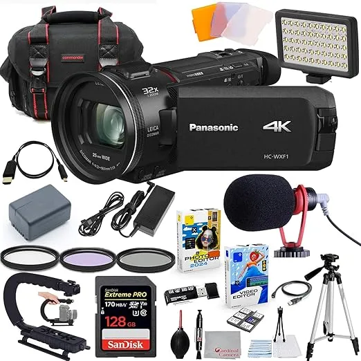 Panasonic HC-WXF1 UHD 4K Camcorder with Twin & Multicamera Capture Bundle + Accessory Package Including 128GB Extreme Pro Memory, LED Light, HD Filters, Bag, Editing Software Package & More (26 Items)