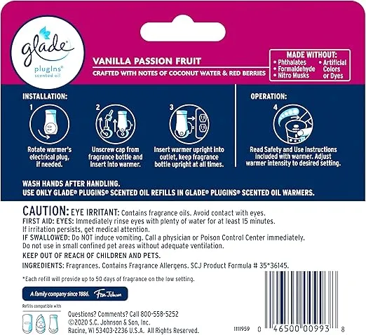 Glade PlugIns Refills Air Freshener, Scented and Essential Oils for Home and Bathroom, Vanilla Passion Fruit, 3.35 Fl Oz, 5 Count