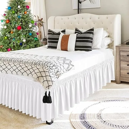 Biscaynebay Wrap Around Bed Skirts for Queen Beds 14" Drop, White Adjustable Elastic Dust Ruffles Easy Fit Wrinkle Resistant Silky Luxurious Fabric Machine Washable