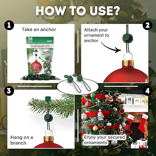 ORNAMENT ANCHOR Ornament Hooks for Hanging Christmas Decorations - No-Slip Hanging Hooks for Xmas - Heavy Duty Christmas Tree Ornaments Hanger Hooks for Small & Large Ornaments (Green,36 Count 2 Pack)