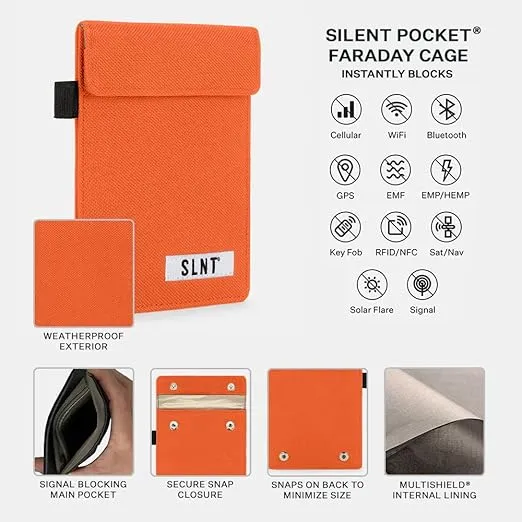 Silent Pocket SLNT Signal Blocking Faraday Key Fob Case Car Anti Theft Device Shields Against All Signal Types, Includes RFID Blocking & Durable Faraday Bag, Fits Most Keyfobs (Hunter Orange)