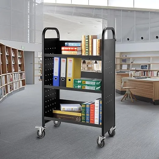 VEVOR Book Cart, 200LBS Library Cart, Single Sided V-Shaped 30x14x49 Inch Rolling Book Cart, Sloped Shelves with 4 Inch Lockable Wheels for Home Shelves Office and School Book Truck in Black