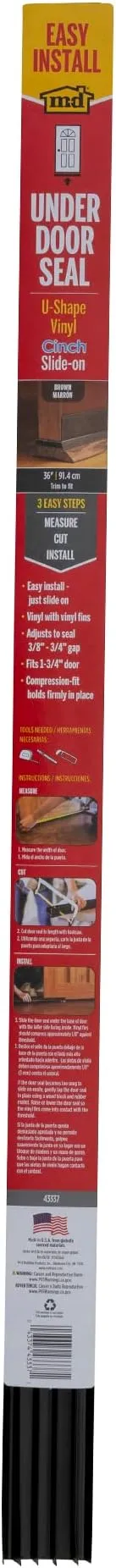 M-D Building Products 43337 Vinyl Cinch® U-Shape Slide-On Under Door Seal, Easy-to-Install, Energy-Saving, Weatherproof Seal for Doors, Effective Draft Blocker, Ideal for Home (36 Inch, Brown)