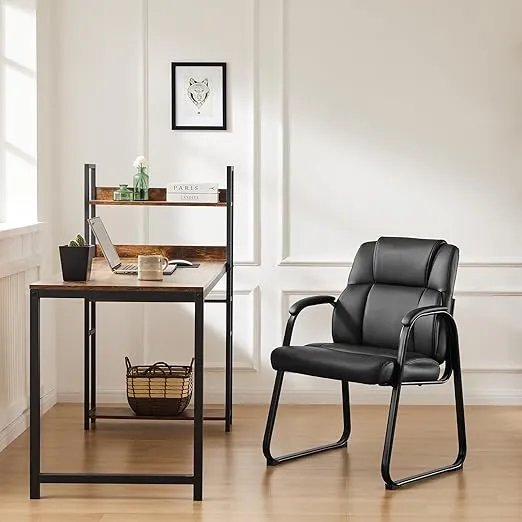 Sweetcrispy Waiting Room Chairs, Leather Stationary Office Guest Chair No Wheels, Comfy Padded Arms and Seld Base, for Reception Area Conference Room Lobby Home Computer Desk Bedroom Elderly, Black