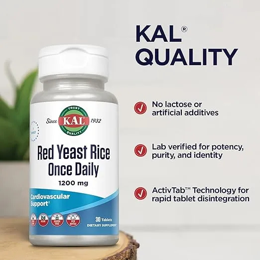 KAL Red Yeast Rice Once Daily 1200mg, Cardiovascular Support* Supplement with Naturally Occurring Unsaturated Fatty Acids, Amino Acids & Phytonutrients, Vegan, Gluten Free, 30 Servings, 30 Tablets