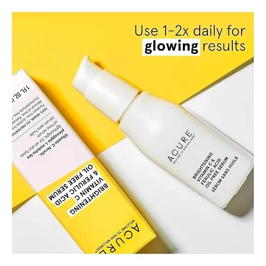 ACURE Face Brightening Vitamin C & Ferulic Acid Serum - Day & Night Oil Free Glowing Facial Serum - Vitamin C, Ferulic Acid & Pineapple Extract For Natural Brighter Look - for All Skin Types 1 fl oz