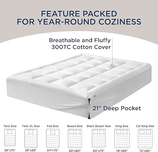 Bedsure Mattress Pad King Size - Breathable Cotton Mattress Topper, Quilted Fitted Mattress Cover with Deep Pocket Fits 8-21 Inch Mattress, Soft Fluffy Pillow Top, White