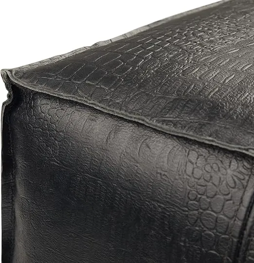 SIMPLIHOME Bowen Square Pouf, Footstool, Upholstered in Black Leather, for the Living Room, Bedroom and Kids Room, Boho