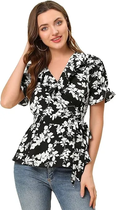 Allegra K Women's Wrap Peplum Top Blouse 2024 Summer Floral Short Sleeve Ruffle V Neck Belted Shirts