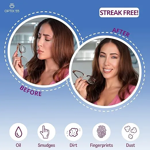 Optix 55 Lens Cleaner Spray Kit - Alcohol & Ammonia Free | (2) 8oz + (1) 2oz Eye Glasses (3) Microfiber Cloths Safe for Eyeglasses, Lenses Screens Streak-Free, Unscented (18 Fl Oz)