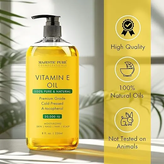 Majestic Pure Vitamin E Oil - 100% Pure & Natural, 20,000 IU | Premium Grade, Cold-Pressed and Tocopherol to Repair Dry, Damaged Skin| Moisturizing Skin, Hair and Scalp 8Fl Oz