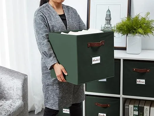 DECOMOMO Storage Baskets 13x15x13 Storage Cube Bins with Label Holders, Kallax Storage Cubes for Organizing Shelves Nursery Toy (Kallax / 4pcs, Olive Green)