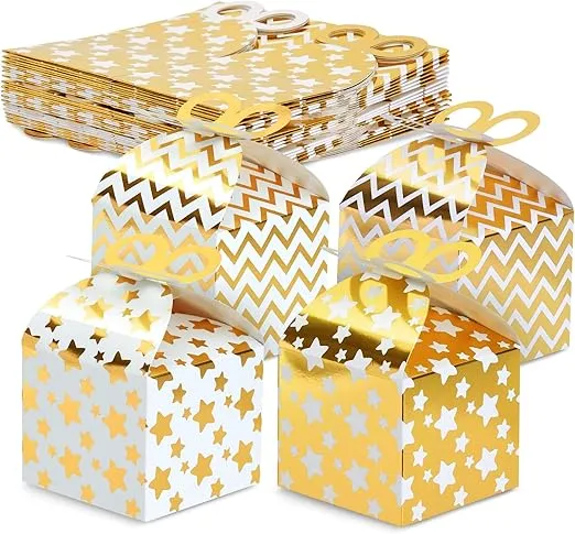 36 Pack Mini Gable Boxes for Party Favors, Birthday, Wedding, Anniversaries, Valentines, Engagement, Gold Foil Ornament Gift Boxes, 4 Polka Dot Designs (3.7x3.2x3.7 in)