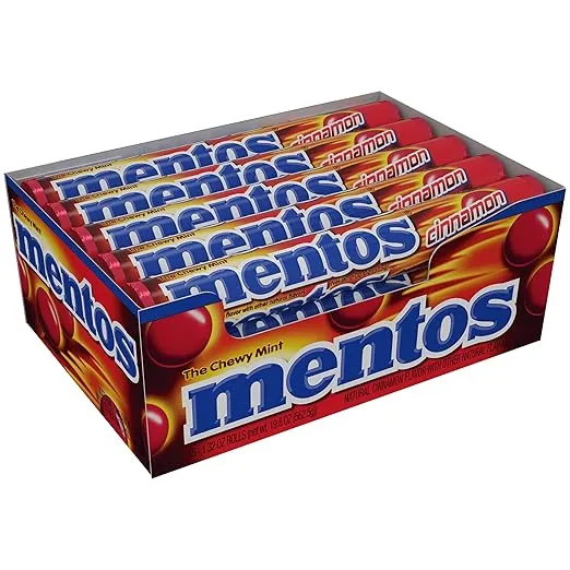 Mentos Chewy Candy Mint Roll, Cinnamon, Holiday Christmas Stocking Stuffers for Adults & Kids, Party, Non-Melting, 14 Count (Bulk Pack of 15)
