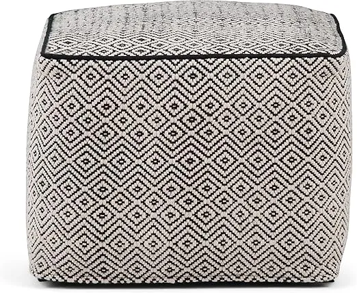 SIMPLIHOME Brynn Square Pouf, Footstool, Upholstered in Patterned Black, Natural Cotton, for the Living Room, Bedroom and Kids Room, Transitional, Boho