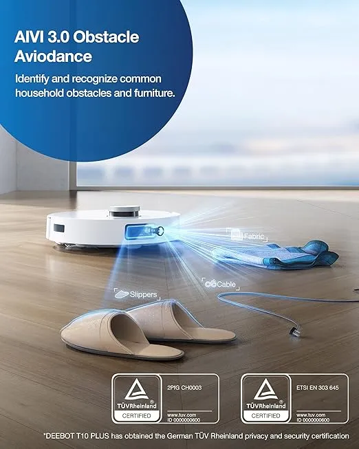 ECOVACS DEEBOT T10 Plus Robot Vacuum and Mop Combo with Auto-Empty Station, 3000Pa, AIVI 3.0 Obstacle Avoidance, OZMO Pro 3.0 Oscillating Mopping, 3D Map, Air Freshener