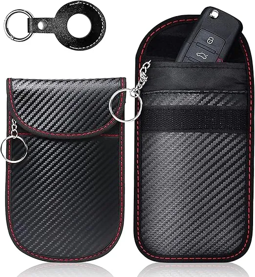 Faraday Key Fob Protector - 2 Pack Faraday Bags for Key Fob Signal Blocking Pouch for Key fob Car Security Anti Theft Signal RFID Blocker Protection Carbon Fiber Texture(2 Pack, Black)