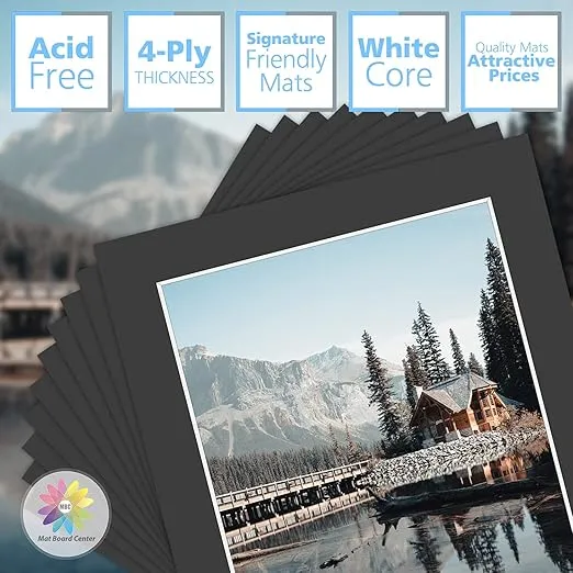 Mat Board Center, Pack of 10, 16x20 for 12x16 Photo Picture Mats - Acid Free, 4-ply Thickness, White Core - for Pictures, Photos, Framing, Tricom Black