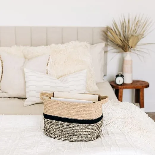 OrganiHaus Magazine Basket, Woven Basket for Storage, Basket for Shelves, Cotton Rope Basket for Blankets, Baby Toy Basket, Rectangle Storage Basket, Decorative Basket for Towels Black & Honey 14x9 In