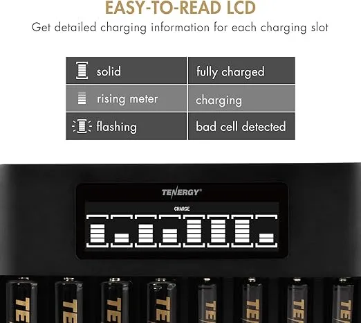 Tenergy TN480U 8-Bay LCD Display Fast Charger with 8 Pack AA and 8 Pack AAA Premium Pro Rechargeable Batteries