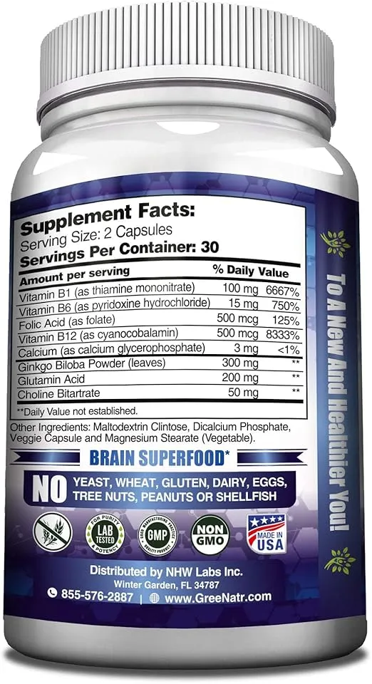 Brain Supplements for Memory and Focus - Ginko Biloba Capsules Brain Booster Supplement with B1, Folic Acid & Calcium - Memory Supplements for Cognitive Function & Brain Health 3 Bottles