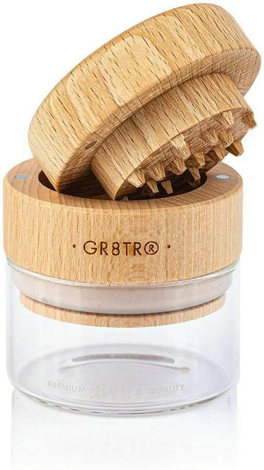 RYOT Wood GR8TR Herb Grinder with Clear or Matte Black Jar Body and Beech or Walnut Top (Beech Top/Clear Jar)