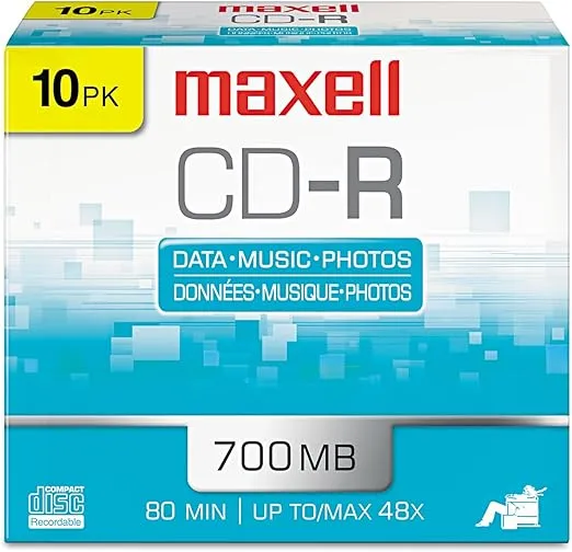Maxell 648210 CD-R Discs, 700MB/80min, 48x, w/Slim Jewel Cases, Silver, 10/Pack