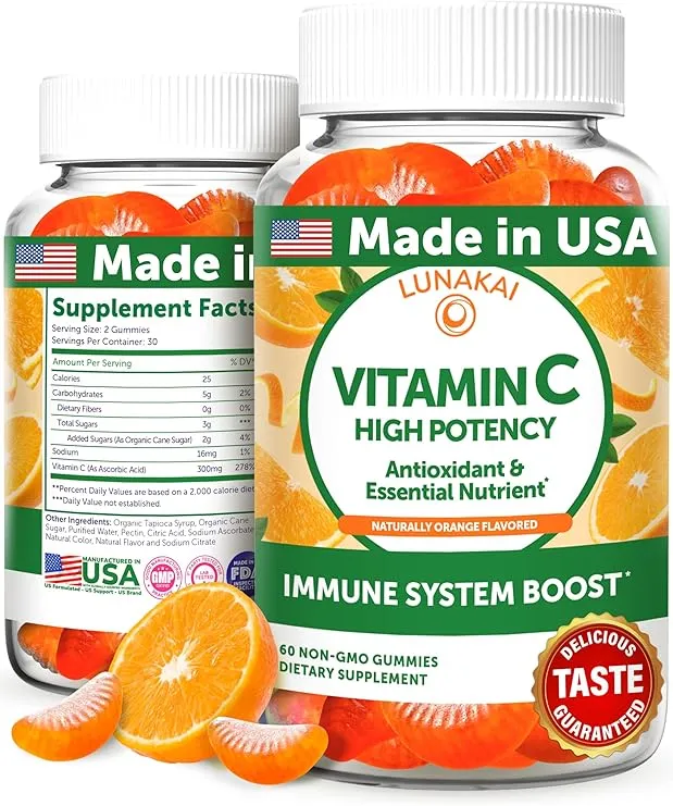 Lunakai USA Made High Potency Vitamin C Gummies for Adults and Kids - 300mg Immune Support - Non-GMO, Vegan, Delicious Orange Flavor, 60ct