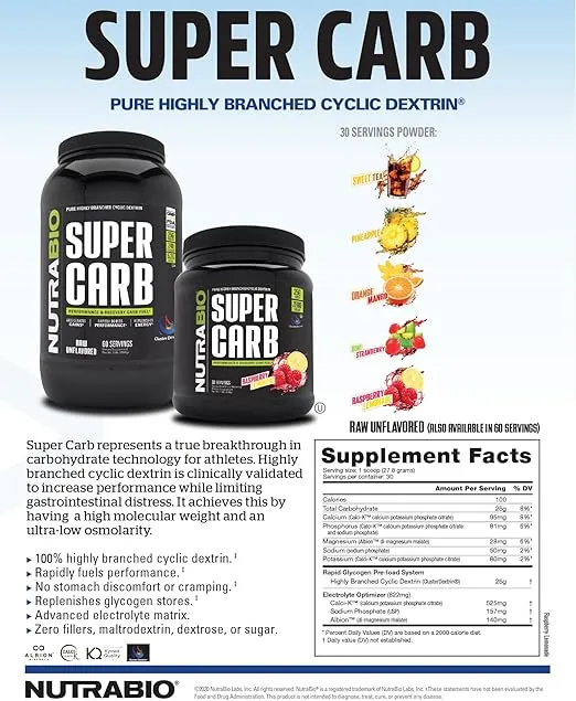 NutraBio Super Carb - Complex Carbohydrate Supplement Powder - Cluster Dextrin and Electrolytes for Performance Enhancement & Muscle Recovery - Raspberry Lemonade, 30 Servings
