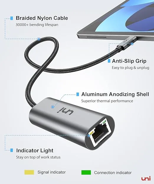 uni USB-C to Ethernet Adapter 2.5 Gbps, Blazing Fast Type-C(Thunderbolt 4/3 Compatible) to RJ45 Adapter, Sturdy Aluminum Gigabit Network Adapter, for MacBook Pro/Air 2023, Laptops, PC, NAS, etc.