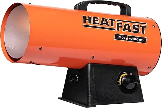 HF60G Portable Home, Jobsite, Construction Site Forced Air Liquid Propane Salamander Torpedo Space Heater with Variable Temperature Control, 60,000 BTU, orange, Small