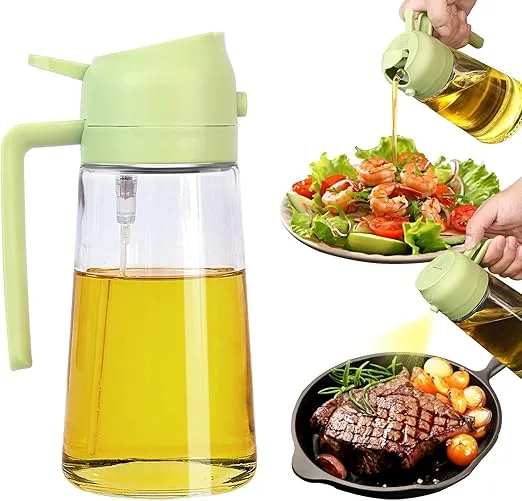 2 in 1 Oil Dispenser and Oil Sprayer, 470ml Oil Dispenser Bottle Spray and Pour, Glass Olive Oil Sprayer for Cooking, Food-Grade Oil Spray Bottle Mister Spritzer for BBQ, Air Fryer, Kitchen (Green)