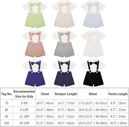 IDOPIP Baby Boys Formal Suit Set Short Sleeve Romper Suspenders Shorts Pants Bowtie Wedding Tuxedo Outfits Cake Smash Clothes