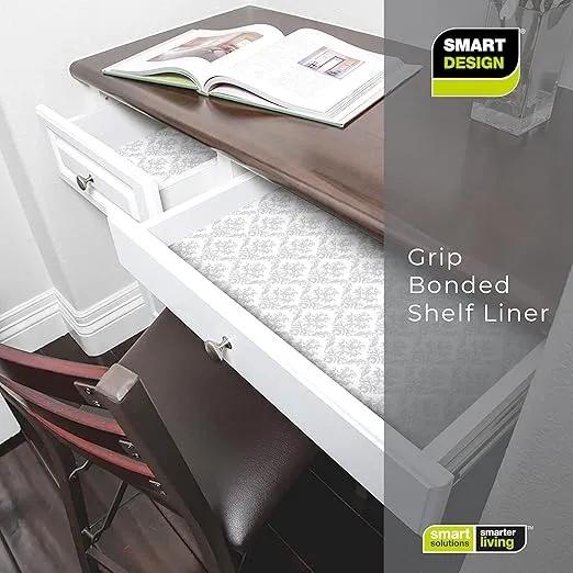 Smart Design Bonded Grip Shelf Liner - 12 Inch x 10 Feet - Non Adhesive, Strong Grip Bottom, Easy Clean Kitchen Drawer, Cabinet, Cupboard Dresser Protector Cover, Non Slip Rubber Mat - Fleur Gris