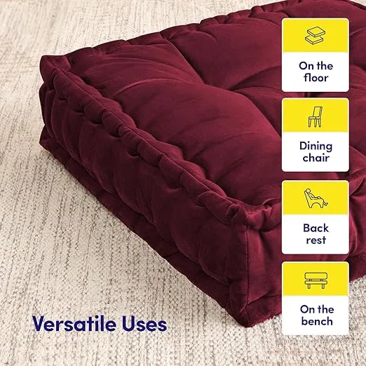 Sweet Home Collection Floor Pillow Large Square Tufted Decorative Cushion. Faux Velvet Fabric Ultra Thick Fill for Kids and Adults, 1 Pack, Burgundy Red