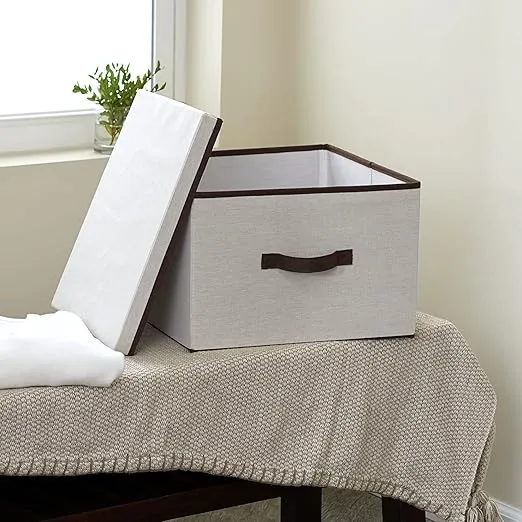 Household Essentials Square KD Storage Box With Lid, 15”x15”x10”, Breathable Canvas Sides With Sturdy Sides, Natural with Brown Trim