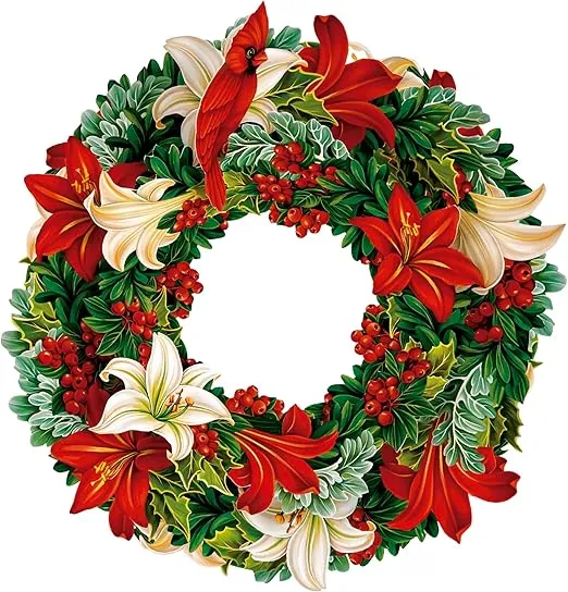 FreshCut Paper Pop Up Wreath, 15 inch Floral Paper Wreath, Reuseable Faux Flower Party Decoration & Indoor Wreath & Home Décor, 3D Popup Wreath with Blank Card, Winter Joy Wreath