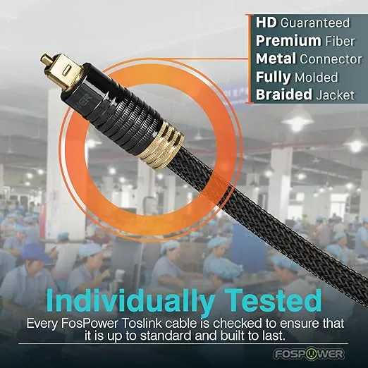 FosPower 24K Gold Plated Toslink Digital Optical Audio Cable (S/PDIF) - [Zero RFI & EMI Interference] Metal Connectors & Ultra Durable Nylon Braided Jacket (3ft - 2Pack)