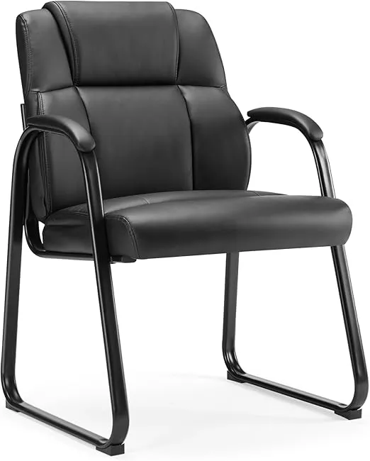 Sweetcrispy Waiting Room Chairs, Leather Stationary Office Guest Chair No Wheels, Comfy Padded Arms and Seld Base, for Reception Area Conference Room Lobby Home Computer Desk Bedroom Elderly, Black
