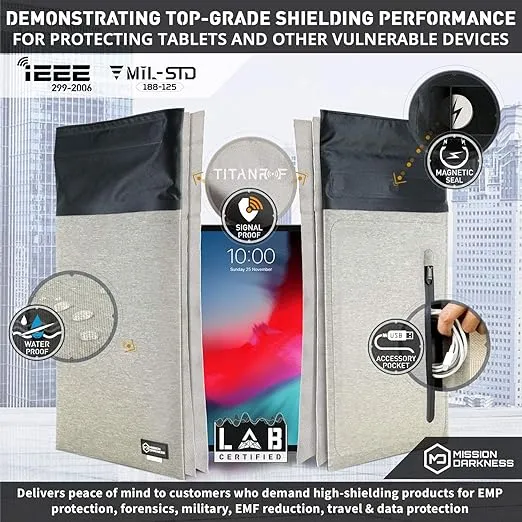 Mission Darkness Dry Shield Faraday Tablet Sleeve // Slim Waterproof Dry Bag for Tablets + RF Shielding Liner // Signal Blocking, Anti-Tracking, EMP Shield, Data Privacy, Electronic Device Security