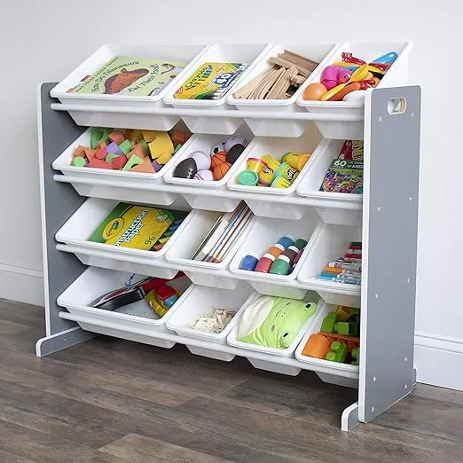 Humble Crew Kids Toy Organizer with 16 Storage Bins, Grey/White