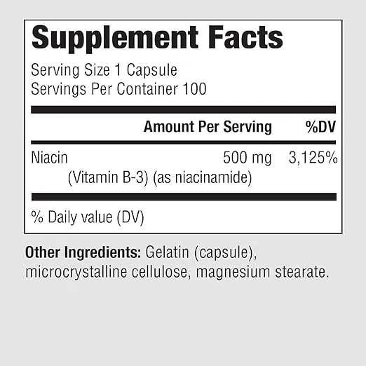 PureFormulas Niacinamide 500 mg - 100 Capsules, High Potency Vitamin B3 Supplement Flush Free, Supports Skin Health, Joint Health, Energy Production & Cellular Function, Non Flushing Form of Niacin