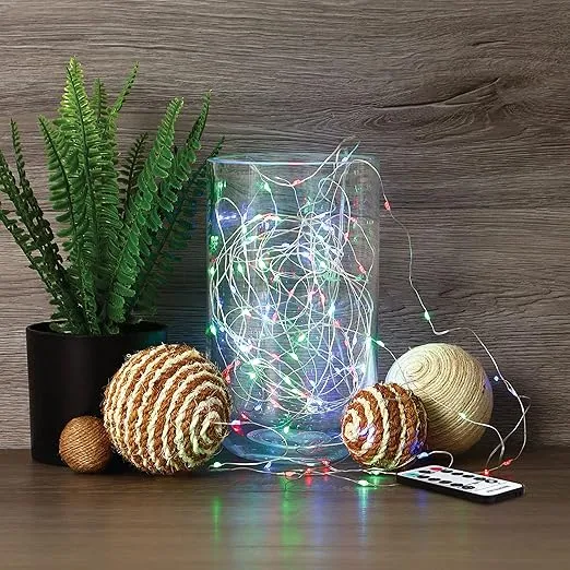 Feit Electric 30ft Indoor LED Fairy String Lights with Silver Wire Light Strand, Remote Control, Firefly Effects, 20K Life Hours, 1.8W RGB Colors and AA Battery or USB Powered - FY30-100/USB/RGB/SLV