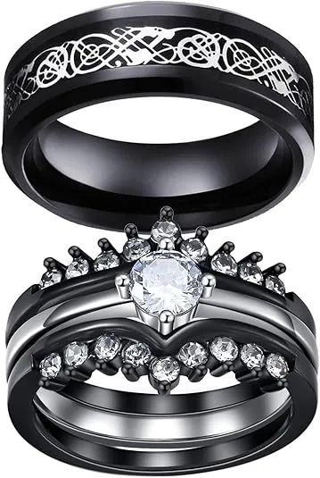 ringheart 2 Rings His and Hers Couple Rings Black Plated 3pcs Womens Wedding Ring Sets Titanium Steel Mens Ring Wedding Bands