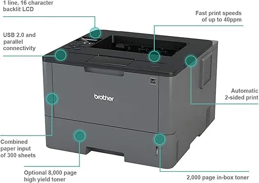 Brother HL-L5000D Wired Monochrome Single-Function Laser Printer - Print only - 42 ppm, 1200 x 1200 dpi, 8.5" x 14" Legal, 256MB Memory, Auto Duplex Printing, Parallel, USB