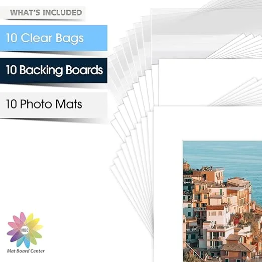 Mat Board Center, 10 Pack of White Pre-Cut Mat Board 16x20 Picture Mat for 11x14 Photo with White Core Bevel Cut Mattes Sets. Includes 10 Acid Free Mats & 10 Backing Board & 10 Clear Bags