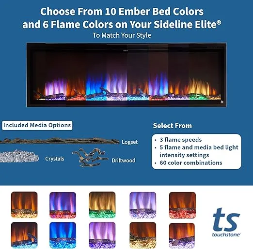 Touchstone Sideline Elite Smart 72” WiFi-Enabled Electric Fireplace - 80038 - in-Wall Recessed - 60 Color Combinations - 1500/750 Watt Heater (68-88°F Thermostat) - Black - Log, Crystals & Driftwood