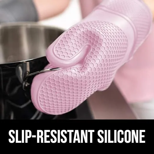 Gorilla Grip BPA-Free Soft Silicone Oven Mitts, Heat and Slip Resistant Thick Cotton Lined Cooking Mitt Set, Long Flexible Potholders Protect Hands, Kitchen Essential Waterproof Gloves, 12.5" Pink