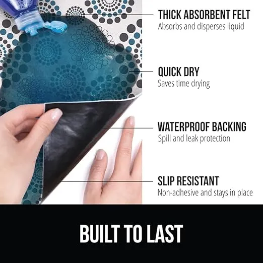Gorilla Grip LeakGuard Non-Adhesive Under Sink Mat for Kitchen Cabinet, Waterproof Quick Dry Shelf Liner, Durable Absorbent Felt Mats for Bathroom Sink, Cabinets, Dresser, 24x24 Spiral Gray Turquoise