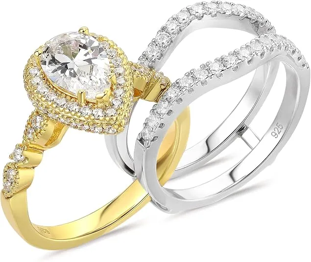 Newshe Wedding Bridal Band Ring Enhancer Engagement Ring Set for Women 925 Sterling Silver 3Ct Pear White Rose Gold 5A Cz Size 4-13